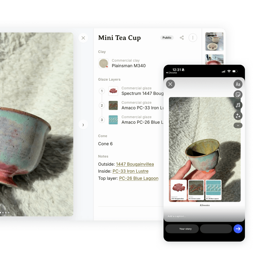 A glaze card from Kiln: a tea cup photo with its three glazes, shared to an Instagram story
